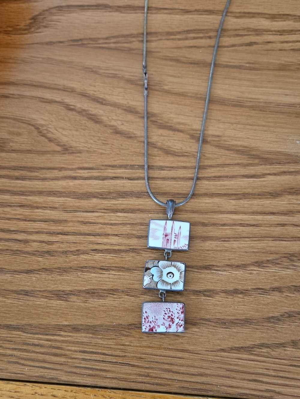 Necklace with Red and White Rectangular Pendants